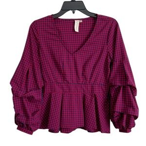 Allison Joy Gingham Pleated Peplum Top Puff Balloon Sleeve Blouse Navy Red XS